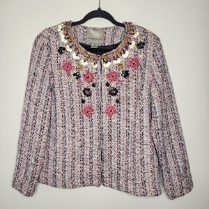 Anthropologie Suzy Embellished Tweed Jacket by Summer of Love Size M Pastel
